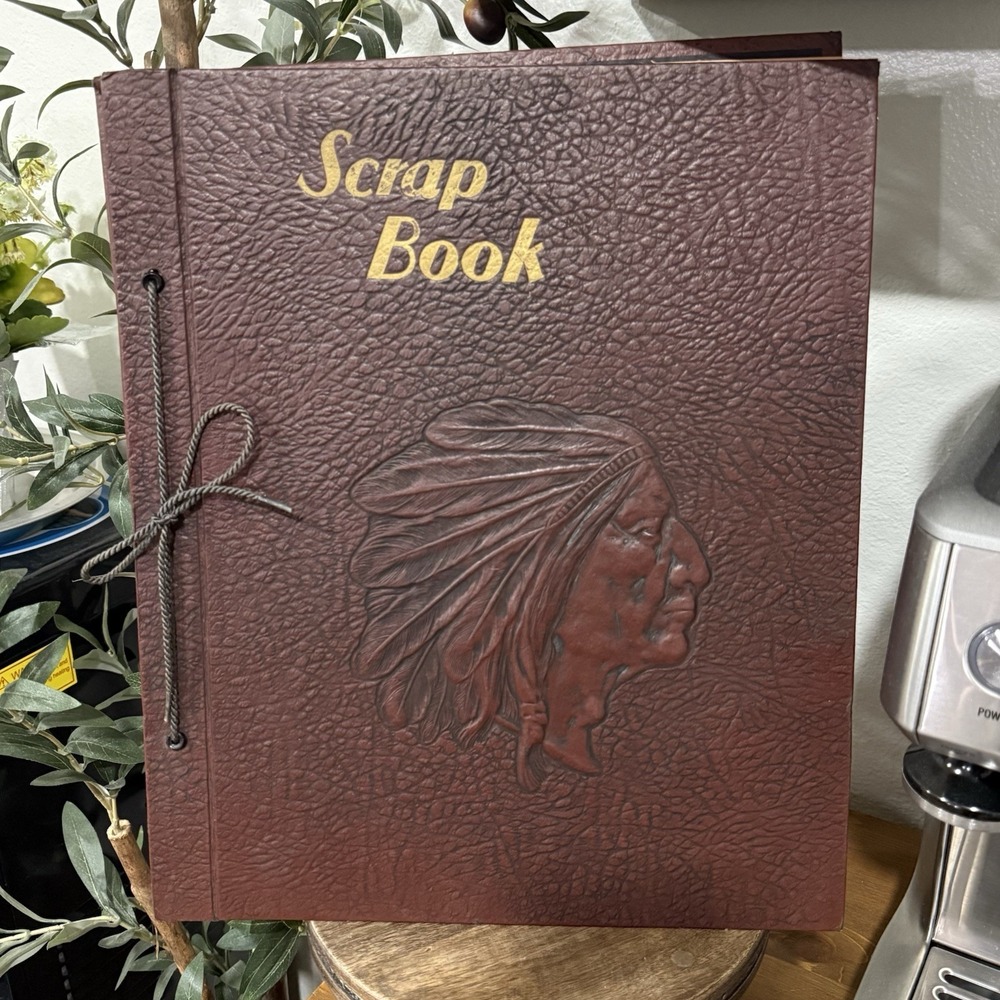 VTG 1940s Embossed Native American Chief Leather Scrapbook Album Souvenir 14x12